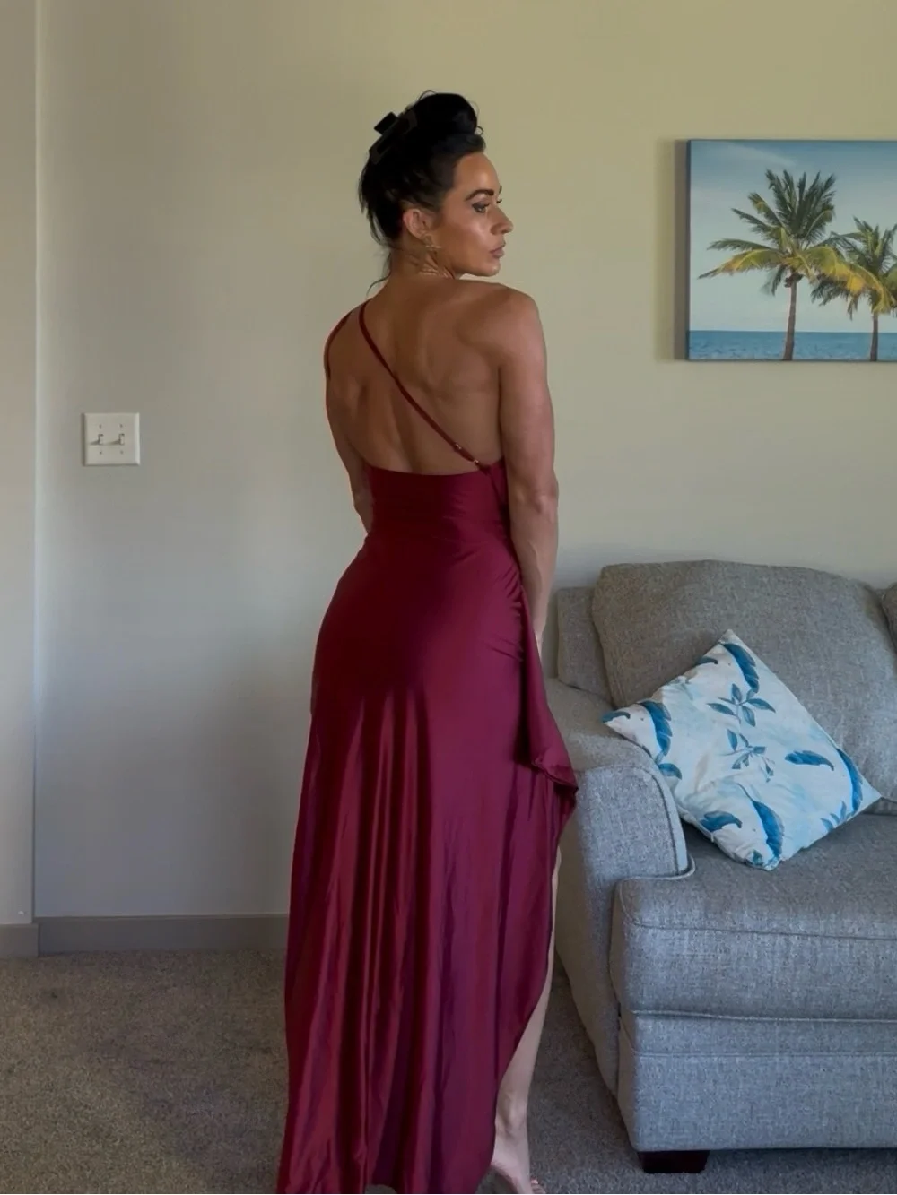 One-Shoulder Burgundy Satin Evening Dress